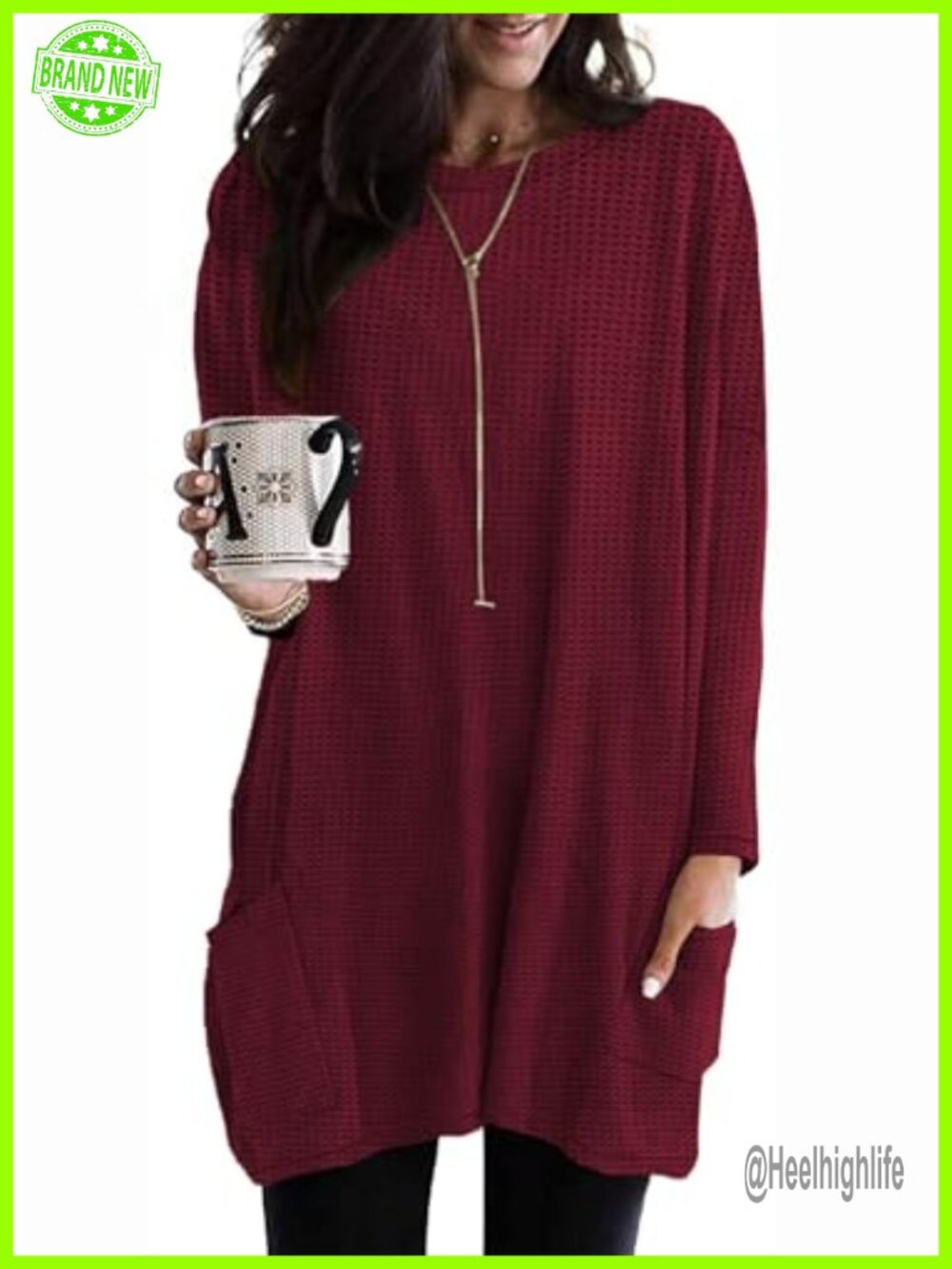 Waffle Knit Long Sleeve Tunic Top with Pockets